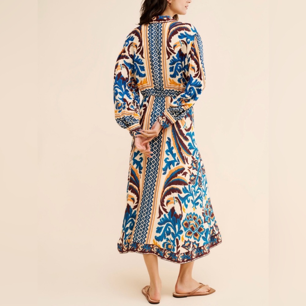 Farm Rio / New Toucan Scarf Sand Midi Dress / Boho Elegant Maxi Dress - Picture 2 of 3